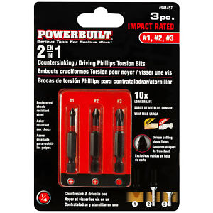 Powerbuilt 3 Piece Phillips Torsion Impact Screwdriver Bits Countersink Set