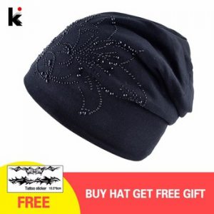 2018 Female Beanie Bonnet Autumn And Winter Caps Hip-hop Cap Flower Rhinestone Hats For Women Beanies Balaclava Womens Skullies