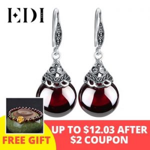 EDI Retro Round Gemstone Garnet Earrings Female 100% 925 Sterling Silver Fine Jewelry