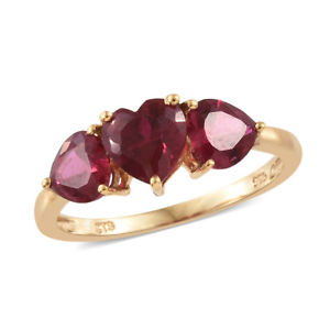Silver 14K Yellow Gold Plated Ruby Cubic Zirconia Heart Trilogy Ring
