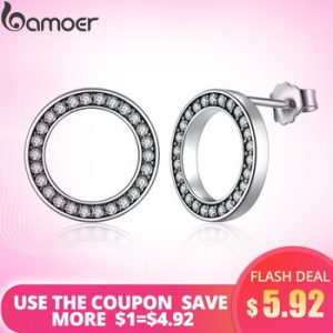 BAMOER Forever Clear CZ 925 Sterling Silver Circle Round Stud Earrings with CZ Jewelry GIFT Oorbellen Bijoux PAS437