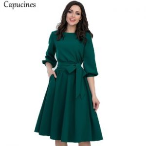 2018 Autumn Vintage Soild Lantern Sleeve A-Line Dress Women Elegant O-Neck Half Sleeve Pocket Sashes Knee-Length Casual Dress