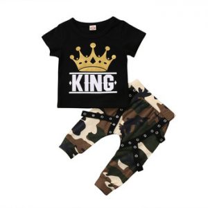 2 pieces Kid Short sleeve King Print T shirt Top and Camouflage Pants Set For Toddler and Baby Boys Clothes