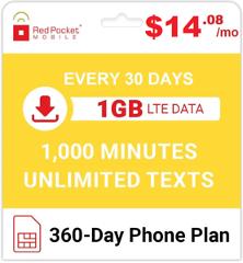 $14.08/Mo Red Pocket Prepaid Wireless Phone Plan+SIM-1K Talk Unlmtd Text 1GB