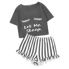 SHEIN Black Graphic Tee & Frilled Striped Shorts PJ Round Neck Short Sleeve Set 2018 Summer Women Patchwork Sleepwear