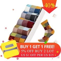 5Pair/Lot Combed Cotton Men's Socks Autumn And Winter Compression Socks Fashion Colorful Square Happy Dress Socks Men Size 39-45