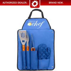 Deco Gear 3 Piece BBQ Tool Set with Custom Blue Apron