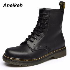 Aneikeh Women Ankle Boots Shoes Woman 2018 Spring Fall Genuine Leather Lace Up Shoes Punk Plus Size 43 44 Riding