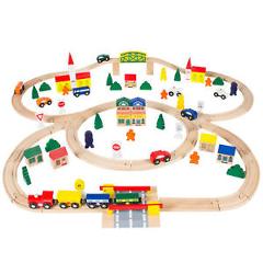 100pc Hand Crafted Wooden Train Set Triple Loop Railway Track Kids Toy Play Set