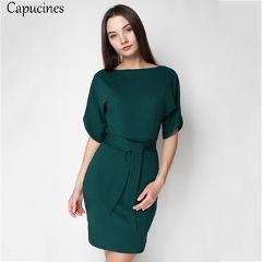 Capucines Casual Style Solid Sashes Autumn Dress Women 2018 O-Neck Short Sleeves Knitted Dress Split Batwing Sleeve Mini Dress