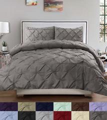 Duvet Cover & Pillow Sham Set - Luxury 3 Piece Pinch Pleat Pintuck Polyester