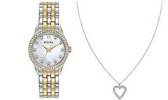 Bulova Women's Quartz Crystal Accents Two Tone 28mm Watch and Pendant 98X113