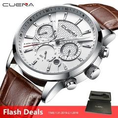 CUENA Men's Watches Stopwatch Date Luminous Hands Genuine Leather 30M Waterproof Clock Man Quartz Watches Men Fashion Watch 2018