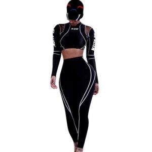 Kliou women fitness sporting two pieces set letter print turtleneck top leggings striped patchwork 2019 fashion 2 pcs tracksuits