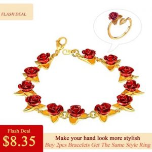 U7 Bracelet Red Rose Flowers Wrist Chain Charm Valentine's Day Gift For Women Wedding Party Jewelry Bridesmaid Bracelets H1047