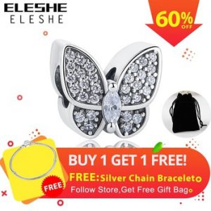 ELESHE Fit Original Pandora Charms Bracelet 925 Sterling Silver CZ Crystal Butterfly Beads DIY Jewelry Making Valentine's Day