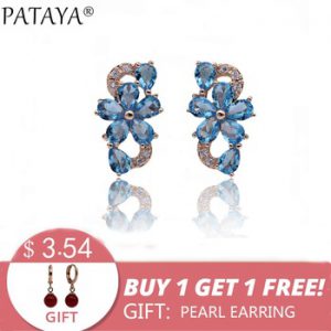 PATAYA New Water Drop Plum Blossom Dangle Earrings Women Fashion Trendy Jewelry 585 Rose Gold Petal Natural Zircon Blue Earrings