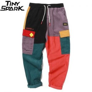 Hip Hip Pants Vintage Color Block Patchwork Corduroy Cargo Harem Pant Streetwear Harajuku Jogger Sweatpant Cotton Trousers 2019