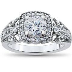 G/SI 1.30Ct Cushion Halo Diamond Vintage Engagement Ring 14k White Gold Enhanced