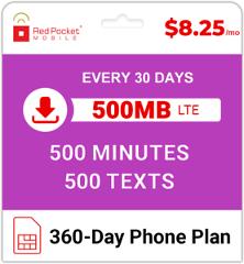 $8.25/Mo Red Pocket Prepaid Wireless Phone Plan+SIM: 500 Talk 500 Text 500MB