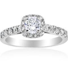 1 ct Cushion Halo Round Solitaire Diamond Engagement Ring 14K White Gold