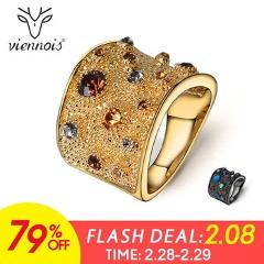 Viennois Wide Gold Color Finger Rings For women Multicoloured Rhinestones Paved Cocktail Ring Size 6 7 8 9 For Female