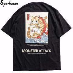 2019  Harajuku Japan Style Funny T Shirt Monster Cat Men Hip Hop Tshirt Streetwear Summer T-Shirts Short Sleeve Cotton Tops Tees