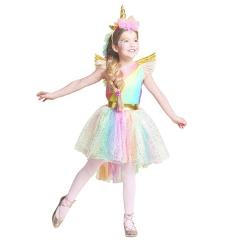 Girls' Dress Rainbow Unicorn Party With Headband Halloween Christmas Cosplay Costume Kids 2018 Summer Dress Party Dress