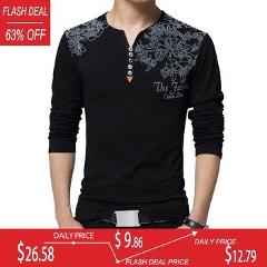2018 Autumn Fashion Floral Print Men T-shirt Henry Collar Button Decorate Long Sleeve T-shirt for Men Tops Plus Size 5XL