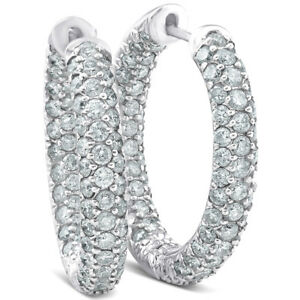 F/VS 2.55 Ct Diamond Hoops 18k White Gold Pave Womens Inside Outside Earrings