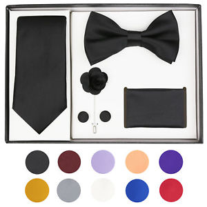 Berlioni Men's Handmade Microfiber Tie Bowtie Lapel Hanky Cufflinks Gift Box Set