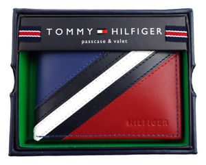 Tommy Hilfiger Men's Leather Wallet Passcase Billfold Red Navy 31TL22X051