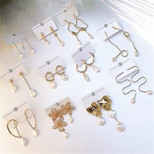 AOMU Korea S925 Sterling Silver Pin Metal Gold Geometric Irregular Natural Freshwater Pearl Long Drop Earrings for Women Girl