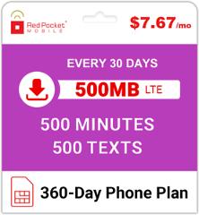 $7.67/Mo Red Pocket Prepaid Wireless Phone Plan+SIM: 500 Talk 500 Text 500MB