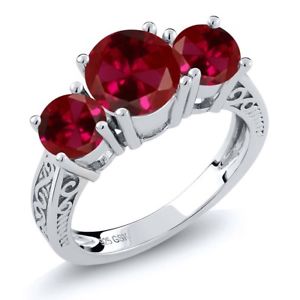 2.75 Ct Round Red VS Created Ruby 925 Sterling Silver 3-Stone Ring