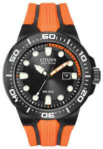 Citizen Eco Drive Men's Scuba Fin Black Dial Orange Poly 46mm Watch BN0097-11E