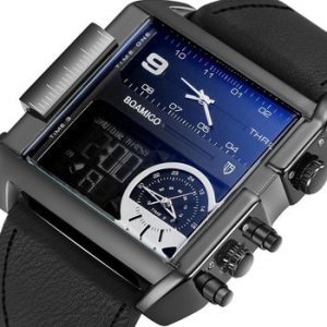 BOAMIGO brand men sports watches 3 time zone big man fashion watch leather quartz wristwatches relogio masculino montre homme