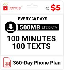 $5/Mo Red Pocket Prepaid Wireless Phone Plan+SIM: 100 Talk 100 Text 500MB