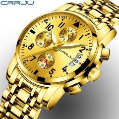 CRRJU golden Men Sports Watches Chronograph Date Waterproof 30m Race Watch Mens Quartz Full Steel Business Wristwatch