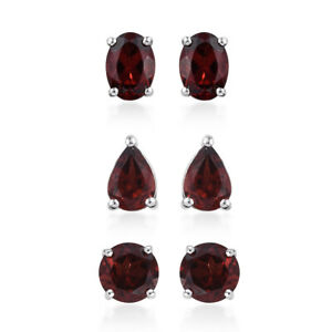 Silver Platinum Plated Oval Garnet Set of 3 Stud Solitaire Earrings Cttw 4.6