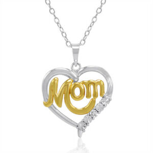 14K Gold over Sterling Silver Mom in Diamond Heart Pendant