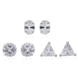 Sterling Silver Round Cubic Zirconia Set of 3 Stud Solitaire Earrings Cttw 3.7