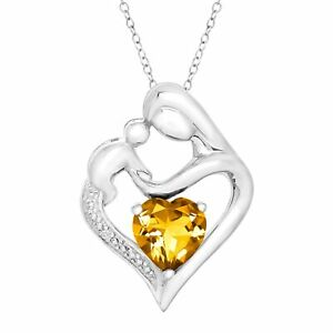 Natural Citrine Mother & Child Heart Pendant with Diamond in Sterling Silver