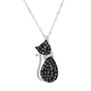 Sterling Silver Cat Pendant Necklace with Black Swarovski Crystals