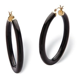 Genuine Black Jade Hoop Earrings in 14k Yellow Gold