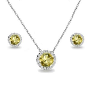 Sterling Silver Citrine and White Topaz Round Halo Necklace & Stud Earrings Set