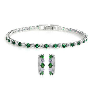 Lab Created Emerald Zirconia CZ Hoops Earrings Tennis Bracelet 7'' Set