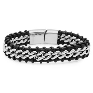Oxford Ivy Mens Faux Leather and Stainless Steel Bracelet