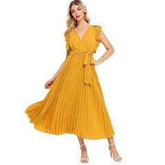 Sheinside Elegant High Waist Pleated Chiffon Dress Women 2019 Solid A Line Party Dresses Summer Casual V Neck Wrap Belted Dress