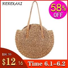 REREKAXI Hand-woven Round Woman's Shoulder Bag Handbag Bohemian Summer Straw Beach Bag Travel Shopping Female Tote Wicker Bags